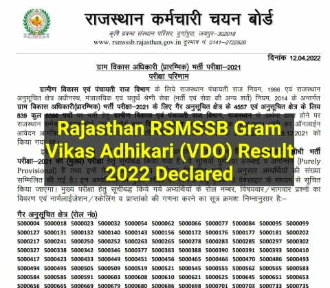 RSMSSB Village Development Officer (VDO) Result 2022 Download Best link