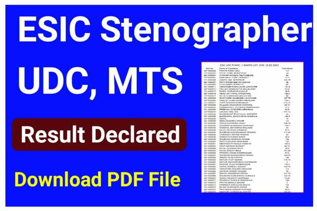 ESIC MTS, UDC & Stenographer Phase 1 Result 2022 Out Best link | ESIC Recruitment 2021 Result Declared