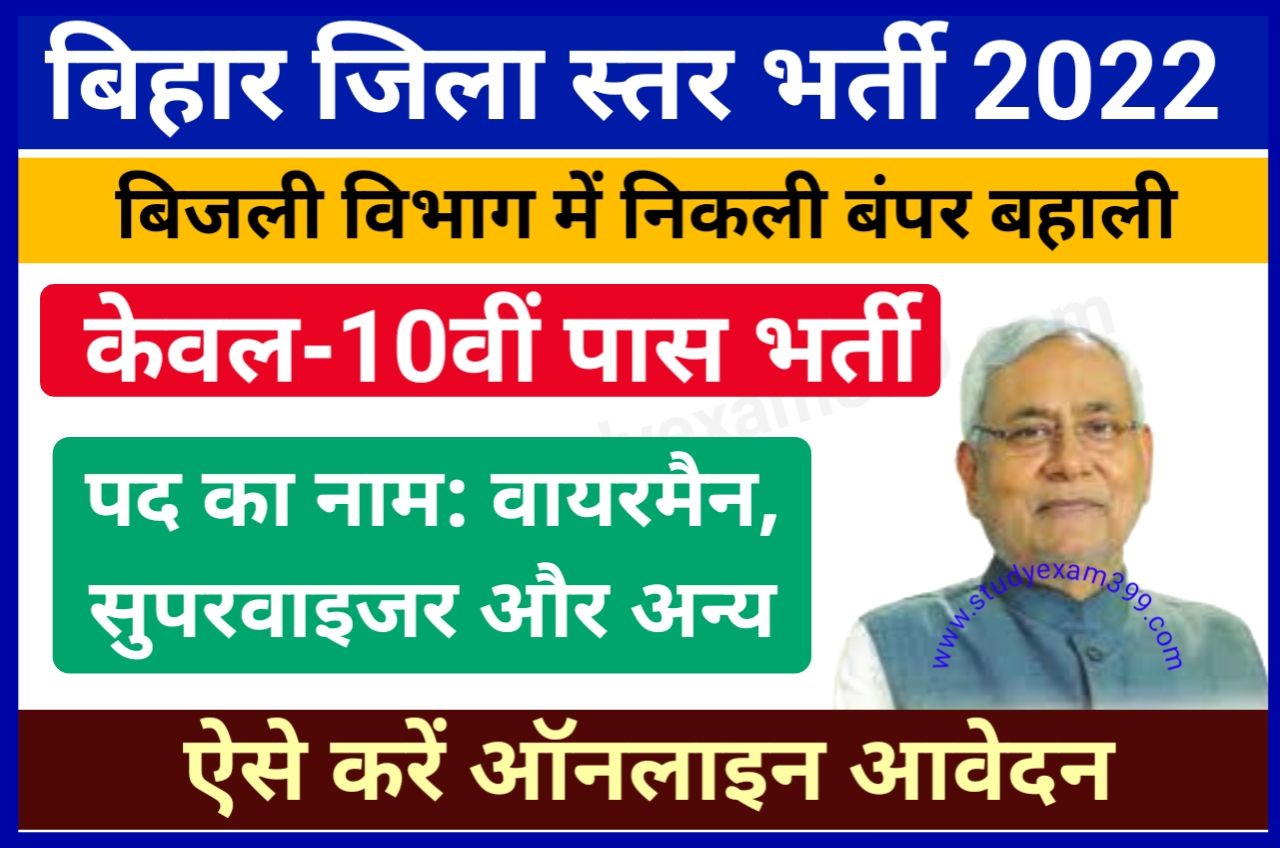 Bihar District Level Bharti 2022 - बिहार बिजली विभाग वायरमैन बहाली 2022 मैट्रिक पास करें आवेदन, New Best News